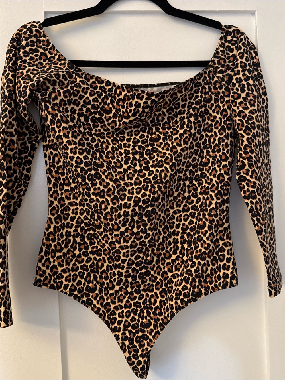 American Apparel Off-Shoulder Leopard Print Long Sleeve Bodysuit